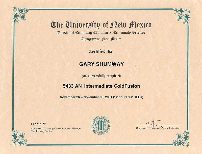 Gary S. Shumway's Certificate of Completion of Intermediate ColdFusion Course from UNM