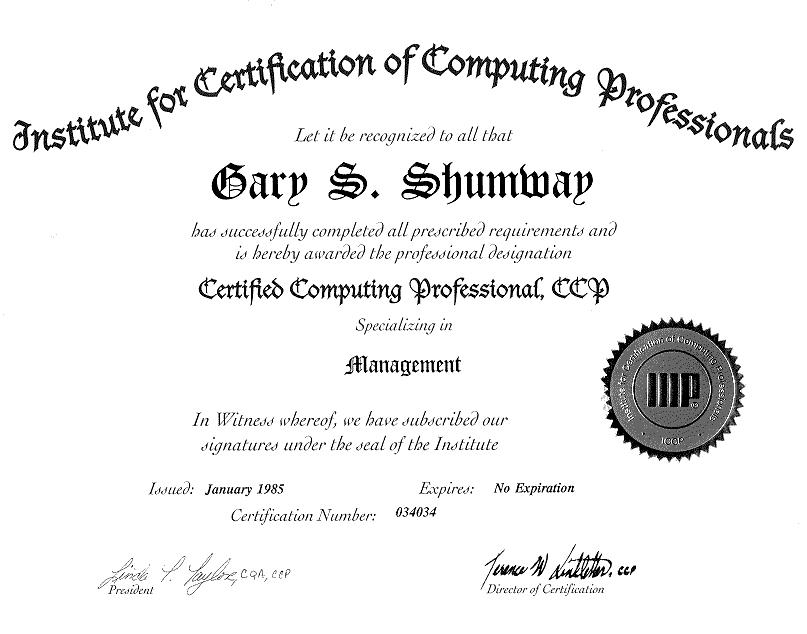 Gary S. Shumway's CCP Certificate from Institute for Certification of Computing Professionals